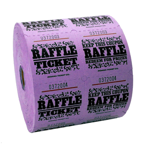 Large roll of Purple raffle tickets with black text and decorative designs, reading 'RAFFLE TICKET' on one side and 'KEEP THIS COUPON – RAFFLE – REDEEM FOR PRIZES' on the other, each ticket numbered sequentially.