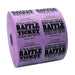 Large roll of Purple raffle tickets with black text and decorative designs, reading 'RAFFLE TICKET' on one side and 'KEEP THIS COUPON – RAFFLE – REDEEM FOR PRIZES' on the other, each ticket numbered sequentially.