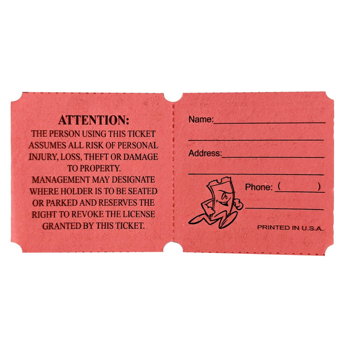 Red raffle ticket with two sections: the left side displaying an attention notice about liability and management rights, and the right side featuring fill-in fields for name, address, and phone number, along with a small cartoon ticket character illustration.