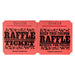 Red raffle tickets with black text and decorative designs, reading 'RAFFLE TICKET' on one side and 'KEEP THIS COUPON – RAFFLE – REDEEM FOR PRIZES' on the other, each ticket numbered sequentially.