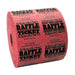 Large roll of Red raffle tickets with black text and decorative designs, reading 'RAFFLE TICKET' on one side and 'KEEP THIS COUPON – RAFFLE – REDEEM FOR PRIZES' on the other, each ticket numbered sequentially.