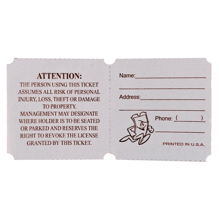 white raffle ticket with two sections: the left side displaying an attention notice about liability and management rights, and the right side featuring fill-in fields for name, address, and phone number, along with a small cartoon ticket character illustration.