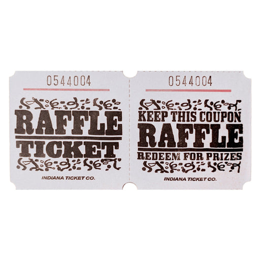 White raffle tickets with black text and decorative designs, reading 'RAFFLE TICKET' on one side and 'KEEP THIS COUPON – RAFFLE – REDEEM FOR PRIZES' on the other, each ticket numbered sequentially.