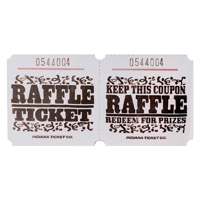 White raffle tickets with black text and decorative designs, reading 'RAFFLE TICKET' on one side and 'KEEP THIS COUPON – RAFFLE – REDEEM FOR PRIZES' on the other, each ticket numbered sequentially.