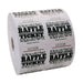 Large roll of white raffle tickets with black text and decorative designs, reading 'RAFFLE TICKET' on one side and 'KEEP THIS COUPON – RAFFLE – REDEEM FOR PRIZES' on the other, each ticket numbered sequentially.