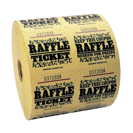 Large roll of yellow raffle tickets with black text and decorative designs, reading 'RAFFLE TICKET' on one side and 'KEEP THIS COUPON – RAFFLE – REDEEM FOR PRIZES' on the other, each ticket numbered sequentially.