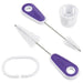Wilton cake decorating tool cleaning set, including two white bristle brushes with purple handles, a white coupler, and a plastic ring for organizing; designed for cleaning small tips and accessories.