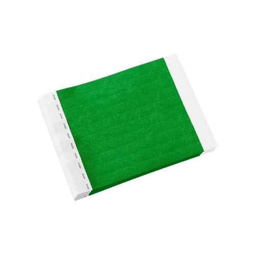 Stack of green Tyvek wristbands with white adhesive sections, arranged on a transparent background.