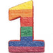 Number 1 piñata with horizontal rainbow-colored stripes in yellow, orange, red, green, blue, and purple.