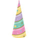 Party hat in pastel rainbow stripes with scattered stars, designed in a tall cone shape.