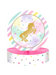 Round unicorn-themed centerpiece with a gold unicorn silhouette in the middle, surrounded by pastel watercolor stripes and stars, placed on a pink honeycomb base wrapped with a star-patterned border.