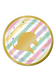 Pink, purple, green, and gold unicorn-themed paper plate with a golden unicorn silhouette at the center, surrounded by colorful stars and diagonal pastel stripes.