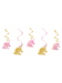 Pink and gold unicorn swirl decorations hanging with alternating gold and pink unicorn cutouts attached to metallic spiral streamers.