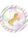A round paper plate with a pastel watercolor background and diagonal stripes around the border in pink, yellow, green, and purple. In the center is a gold silhouette of a unicorn standing on its hind legs, surrounded by small colorful stars.