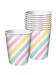 A stack of paper cups with diagonal pastel stripes in yellow, pink, green, and white. One cup is placed in front of the stack for display.