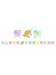 Pastel unicorn birthday banner with gold lettering spelling Happy Birthday, decorated with watercolor-style pennants and gold unicorn silhouettes.