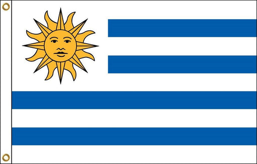 A flag with nine alternating white and blue horizontal stripes, with a white square in the top left corner featuring a golden sun with a face.