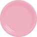 Large round new pink plastic plates with glossy finish and smooth rolled edge – disposable dinnerware ideal for baby showers, birthdays, weddings, and special occasions.