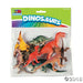 Packaged set of assorted plastic dinosaur toys in various colors including red, green, brown, and yellow. The clear plastic bag is labeled 'DINOSAURS' on a green and rainbow-themed header card from Fun Express.