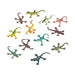 Vinyl lizards in assorted colors and patterns. Includes green, blue, orange, purple, and yellow lizards with a variety of spotted and striped designs on their bodies. Each lizard features playful, exaggerated shapes and bright, bold coloring for a fun, eye-catching look.