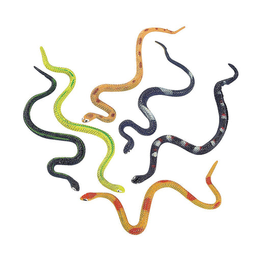 Assortment of colorful rubber toy snakes in coiled and curving positions, featuring patterns in black, green, yellow, orange, blue, and red with textured scales and realistic detailing.
