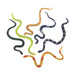 Assortment of colorful rubber toy snakes in coiled and curving positions, featuring patterns in black, green, yellow, orange, blue, and red with textured scales and realistic detailing.
