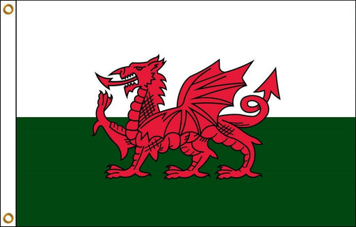 A flag with a red dragon passant on a white and green background, the top half white and the bottom half green.
