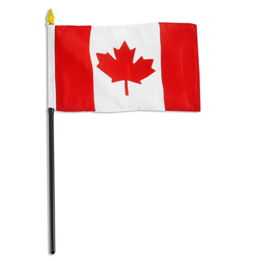 Rectangular flag with two vertical red stripes on the left and right sides and a white center section. In the middle of the white section is a red, stylized 11-pointed leaf. The flag is attached to a black pole with a white sleeve and a gold spear-shaped tip.