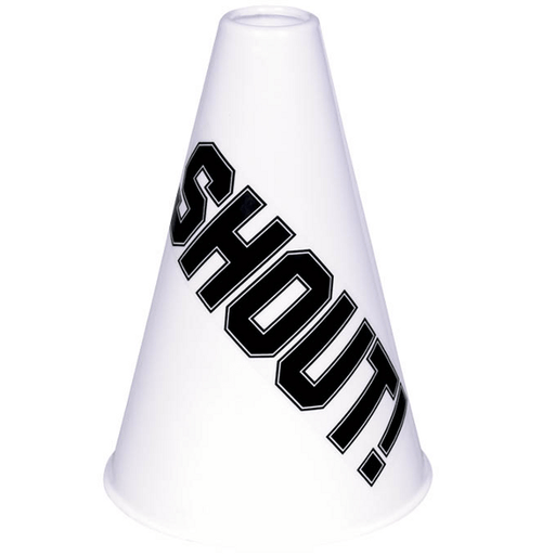 White plastic cheerleading megaphone with the word 'SHOUT!' printed diagonally in bold black letters. Commonly used for sports events, pep rallies, or spirited party décor.