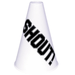 White plastic cheerleading megaphone with the word 'SHOUT!' printed diagonally in bold black letters. Commonly used for sports events, pep rallies, or spirited party décor.