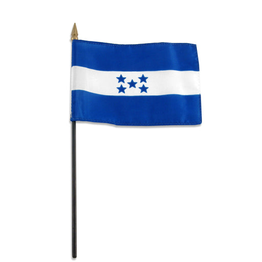 Rectangular flag with three horizontal stripes: blue on the top and bottom, and white in the center. The central white stripe features five blue stars arranged in an X pattern. The flag is attached to a black pole with a gold spear-shaped tip.