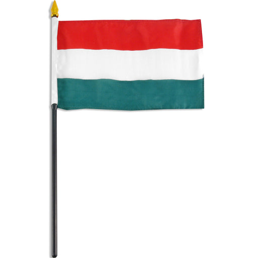 Rectangular flag with three horizontal stripes: red on the top, white in the middle, and green on the bottom. The flag is mounted on a black pole with a white sleeve and a gold spear-shaped tip.