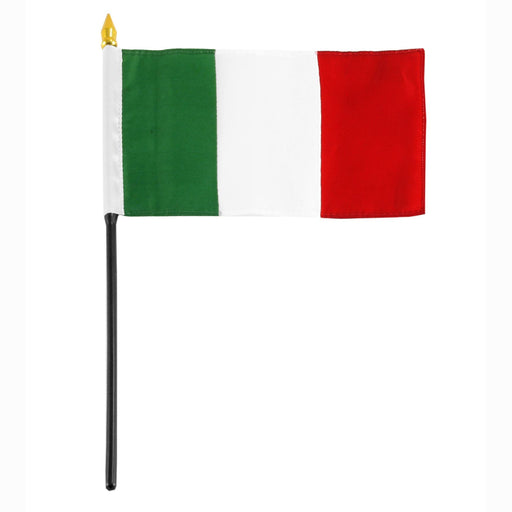Rectangular flag with three vertical stripes in green on the left, white in the center, and red on the right. The flag is mounted on a black pole with a white sleeve and a gold spear-shaped tip.
