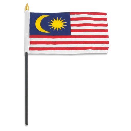 Rectangular flag with alternating red and white horizontal stripes. In the top left corner, there is a blue rectangle containing a yellow crescent moon and a yellow 14-pointed star. The flag is attached to a black pole with a white sleeve and a gold spear-shaped tip.