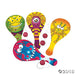 Set of four colorful paddle ball toys with cartoon monster designs. Each paddle has a red rubber ball attached with a string, featuring bright patterns in green, yellow, orange, purple, and blue.