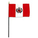 Rectangular flag with three vertical stripes: red on the left and right, and white in the center. A detailed emblem featuring a shield with decorative elements is centered in the white stripe. The flag is mounted on a black pole with a gold spear-shaped tip.
