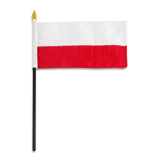 Rectangular flag with two horizontal stripes: white on the top and red on the bottom. The flag is mounted on a black pole with a white sleeve and a gold spear-shaped tip.