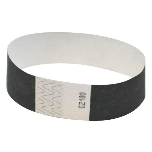 Single black event wristband made of durable material with a tamper-evident adhesive closure and serial number '02100' printed on the white tab.