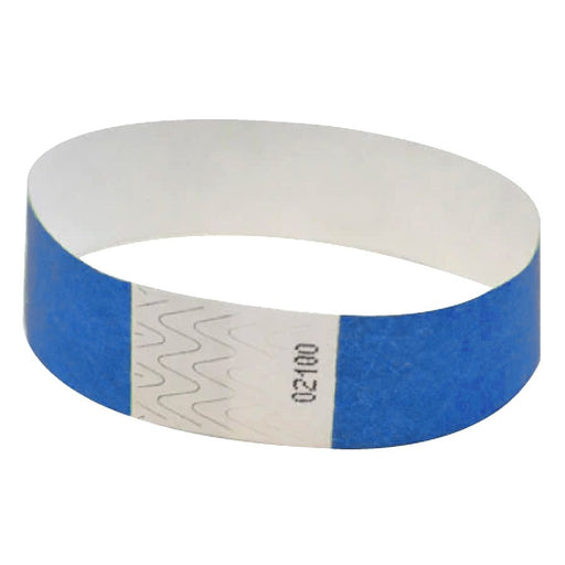 Blue disposable wristband made of paper-like material with an adhesive closure section. The adhesive area is white with a printed number and a security pattern of wavy lines. The band is shown in an open circular shape, ready to be wrapped around a wrist.