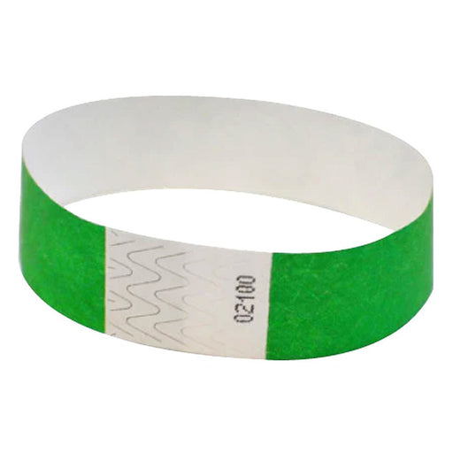 Bright green Tyvek wristband with white adhesive area and black numbering.