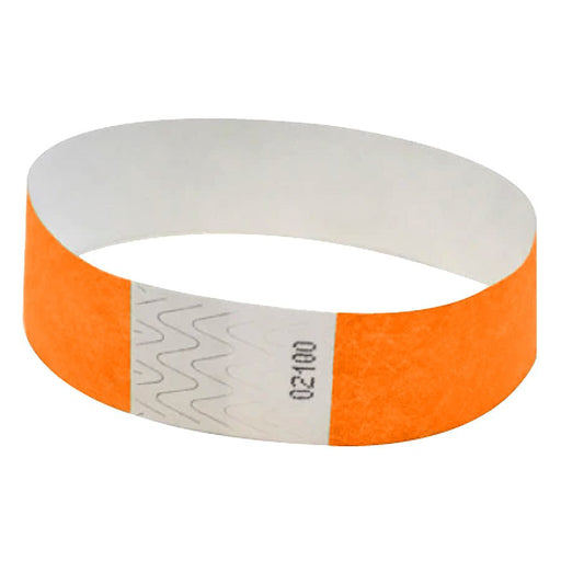 "Orange Tyvek wristband with an adhesive closure and black serial number '02100,' displayed in a circular shape against a white background.