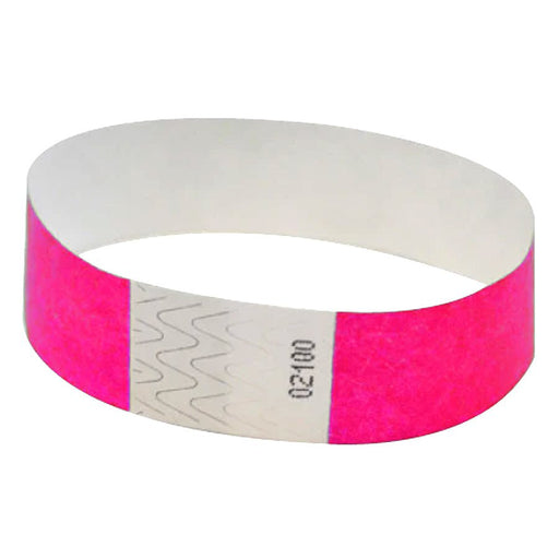 Bright pink Tyvek wristband with white adhesive area and black numbering.