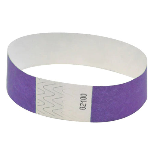 Purple event wristband with a white adhesive section displaying a printed number and wavy security pattern.