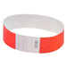 Bright red Tyvek wristband with white adhesive area and black numbering.