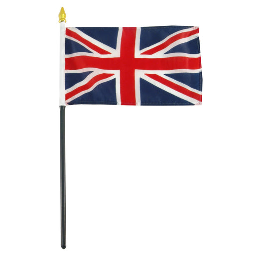 Rectangular flag featuring a dark blue background with a red cross outlined in white, overlaid by a red diagonal cross also outlined in white. The flag is mounted on a black pole with a white sleeve and a gold spear-shaped tip.

