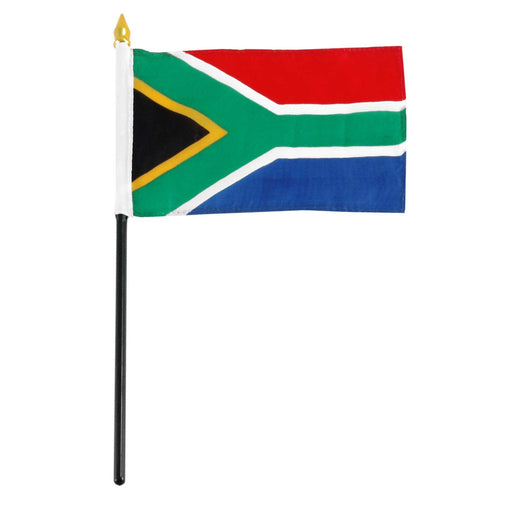 Rectangular flag featuring a horizontal Y-shape in green, outlined in white, originating from the hoist side. The triangle at the hoist is black with a yellow border. The upper area is red, and the lower area is blue, separated by narrow white stripes. The flag is mounted on a black pole with a white sleeve and a gold spear-shaped tip.