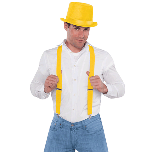 Man wearing bright yellow suspenders over a white button-down shirt and blue jeans. The suspenders feature silver clips attaching to the waistband and adjustable straps for a secure fit, suitable for costumes, formalwear, or fashion accessories.