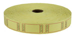 Large roll of light yellow raffle tickets with red borders and black serial numbers, wound around a cardboard core and partially unwound on a white background.