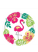 Round paper plate featuring a pink flamingo with gold wings, surrounded by tropical leaves and colorful hibiscus flowers.